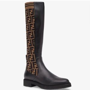 FENDI Rockoko FF logo stretch knit leather tall boots.